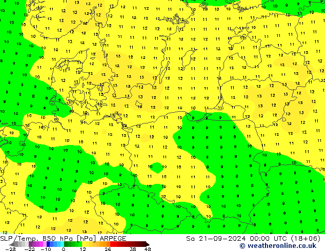 SLP/Temp. 850 hPa ARPEGE so. 21.09.2024 00 UTC