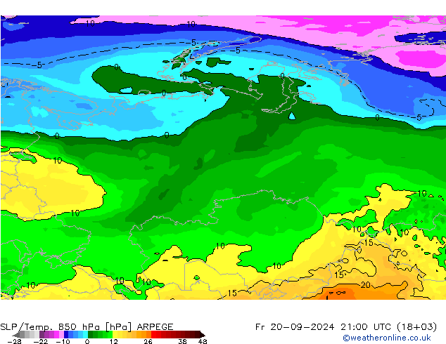 SLP/Temp. 850 hPa ARPEGE Fr 20.09.2024 21 UTC