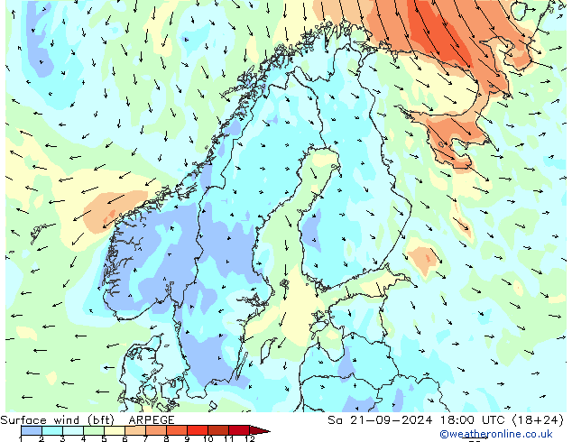 Wind 10 m (bft) ARPEGE za 21.09.2024 18 UTC