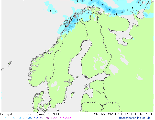 Precipitation accum. ARPEGE ven 20.09.2024 21 UTC