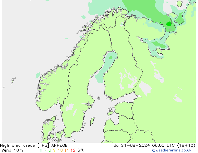 High wind areas ARPEGE Sa 21.09.2024 06 UTC