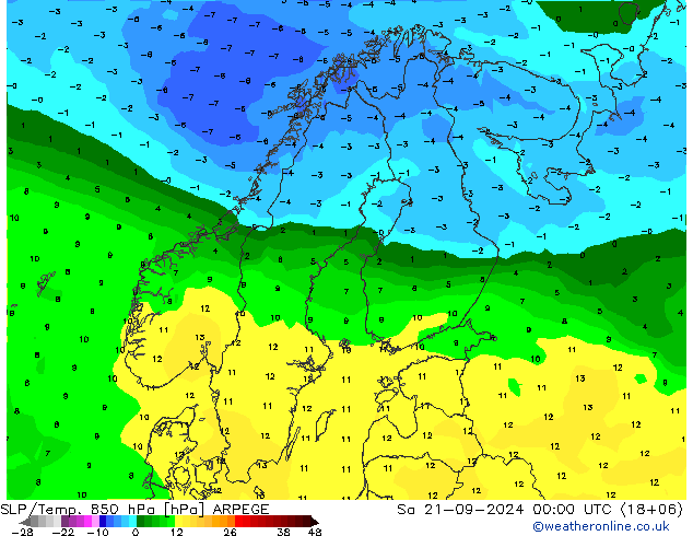 SLP/Temp. 850 hPa ARPEGE 星期六 21.09.2024 00 UTC