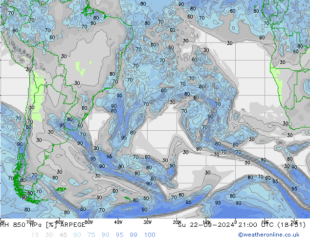 RH 850 hPa ARPEGE Dom 22.09.2024 21 UTC