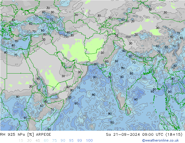 RH 925 hPa ARPEGE Sa 21.09.2024 09 UTC