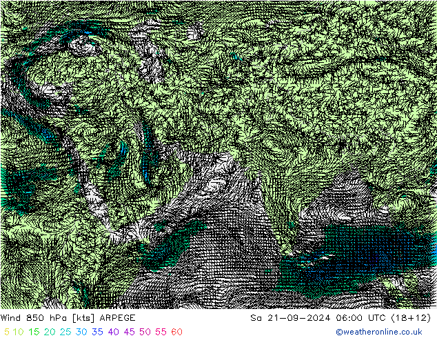 Wind 850 hPa ARPEGE za 21.09.2024 06 UTC