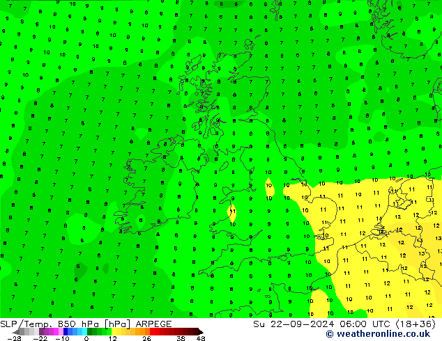 SLP/Temp. 850 hPa ARPEGE dim 22.09.2024 06 UTC