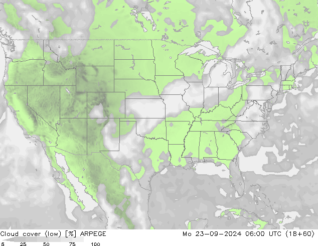 Cloud cover (low) ARPEGE Mo 23.09.2024 06 UTC