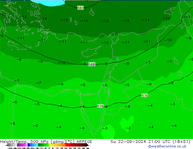 Yükseklik/Sıc. 500 hPa ARPEGE Paz 22.09.2024 21 UTC