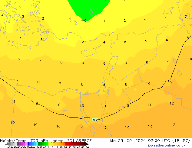 Height/Temp. 700 hPa ARPEGE Mo 23.09.2024 03 UTC