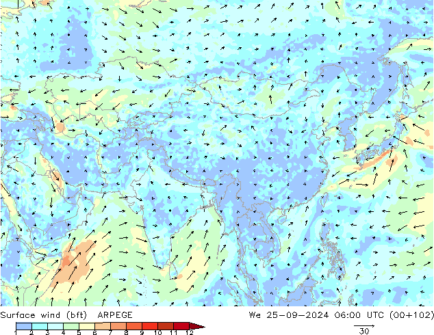 Surface wind (bft) ARPEGE We 25.09.2024 06 UTC