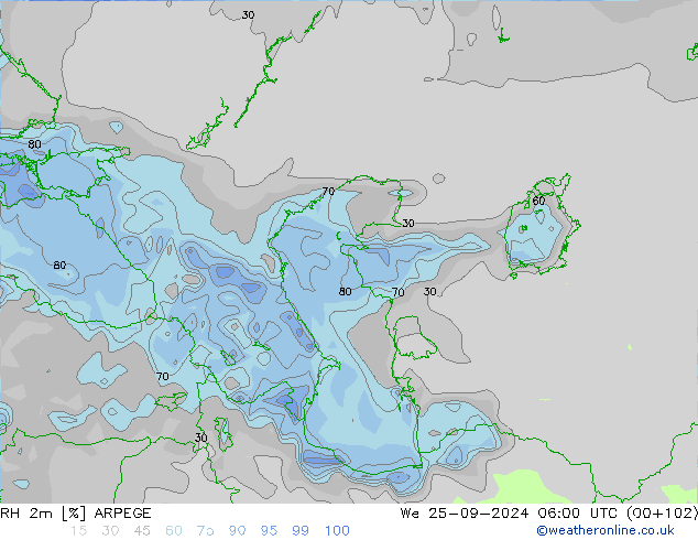 Humidité rel. 2m ARPEGE mer 25.09.2024 06 UTC