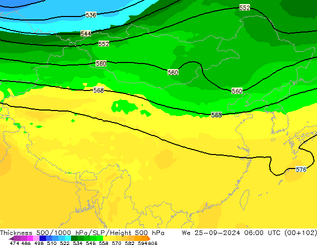 Thck 500-1000hPa ARPEGE 星期三 25.09.2024 06 UTC