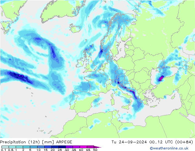 降水量 (12h) ARPEGE 星期二 24.09.2024 12 UTC