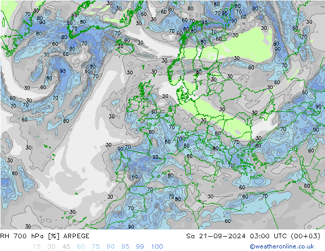 RH 700 hPa ARPEGE 星期六 21.09.2024 03 UTC