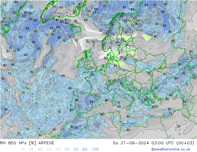 RH 850 hPa ARPEGE 星期六 21.09.2024 03 UTC