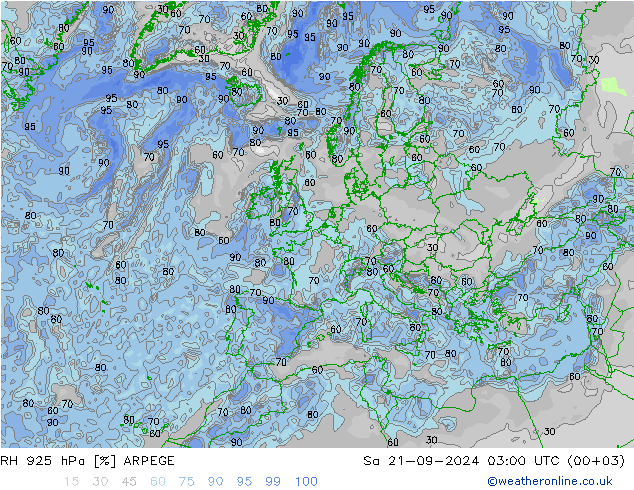 RH 925 hPa ARPEGE 星期六 21.09.2024 03 UTC