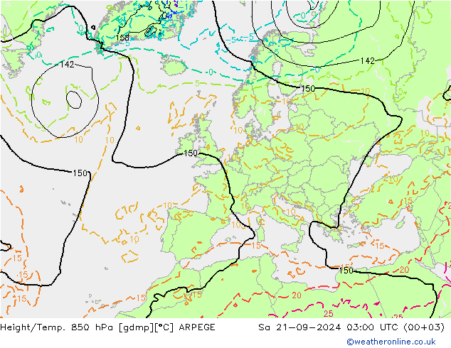 Height/Temp. 850 hPa ARPEGE 星期六 21.09.2024 03 UTC