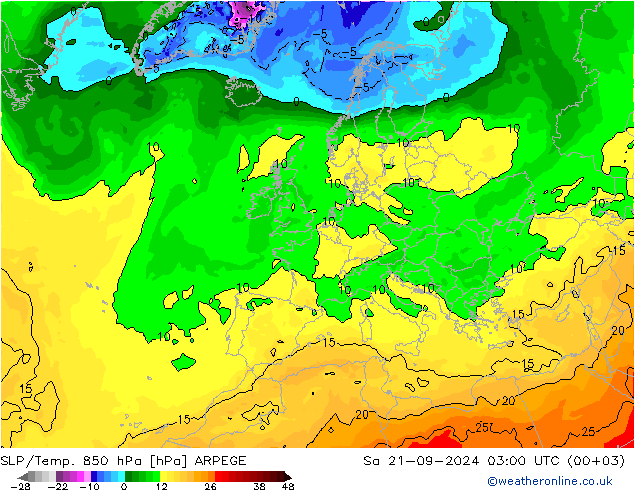 SLP/Temp. 850 hPa ARPEGE 星期六 21.09.2024 03 UTC