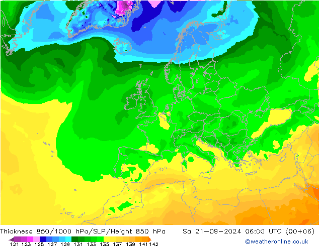 Schichtdicke 850-1000 hPa ARPEGE Sa 21.09.2024 06 UTC