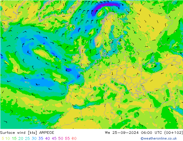 Wind 10 m ARPEGE wo 25.09.2024 06 UTC