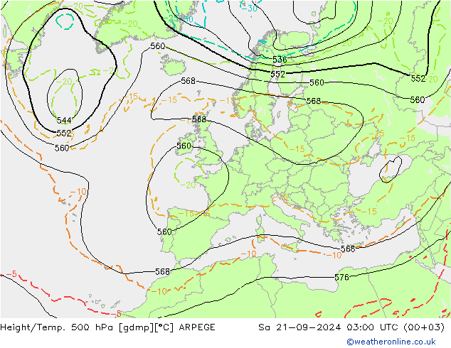 Height/Temp. 500 hPa ARPEGE 星期六 21.09.2024 03 UTC