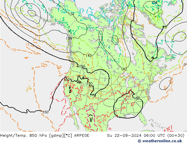 Hoogte/Temp. 850 hPa ARPEGE zo 22.09.2024 06 UTC