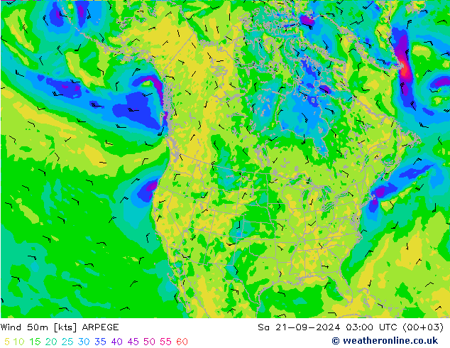 风 50 米 ARPEGE 星期六 21.09.2024 03 UTC