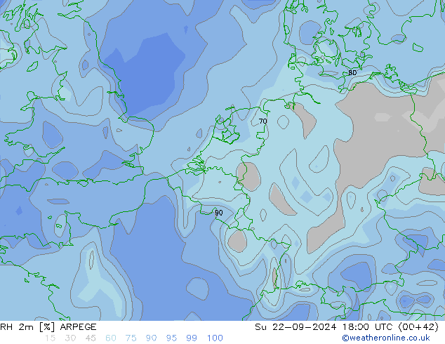 Humidité rel. 2m ARPEGE dim 22.09.2024 18 UTC