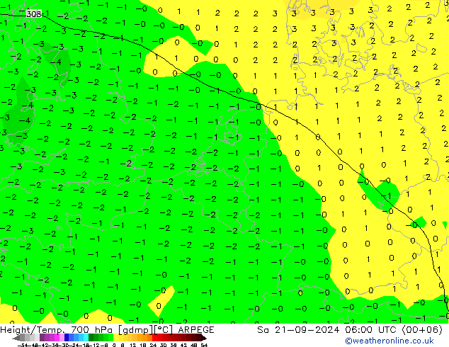 Height/Temp. 700 hPa ARPEGE 星期六 21.09.2024 06 UTC