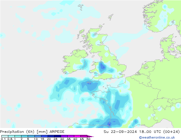 Precipitation (6h) ARPEGE Su 22.09.2024 00 UTC