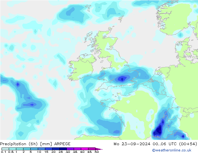 Precipitation (6h) ARPEGE Po 23.09.2024 06 UTC