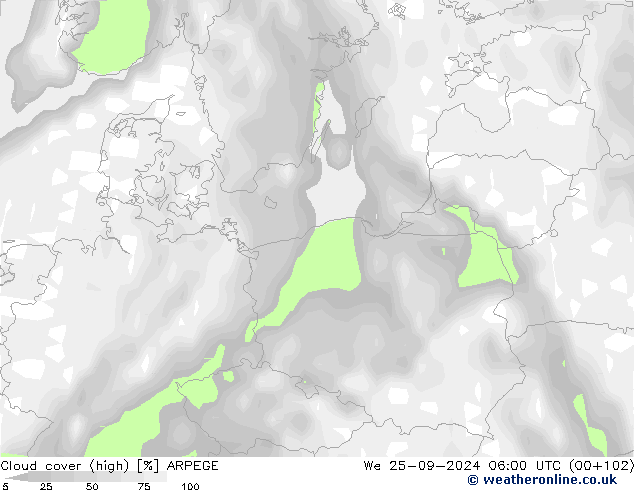 Nuages (élevé) ARPEGE mer 25.09.2024 06 UTC