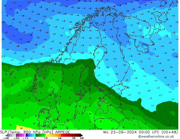 SLP/Temp. 850 hPa ARPEGE Mo 23.09.2024 00 UTC