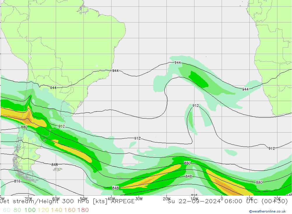 Jet stream/Height 300 hPa ARPEGE Ne 22.09.2024 06 UTC