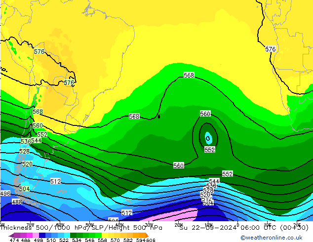 Thck 500-1000hPa ARPEGE Ne 22.09.2024 06 UTC