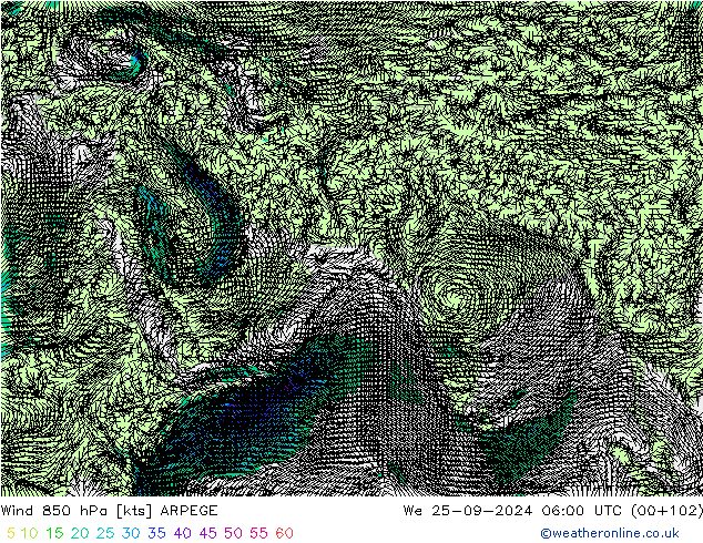 风 850 hPa ARPEGE 星期三 25.09.2024 06 UTC