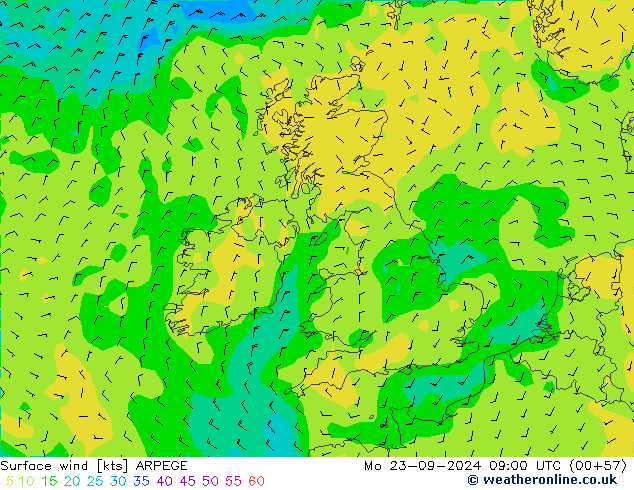 Vento 10 m ARPEGE Seg 23.09.2024 09 UTC