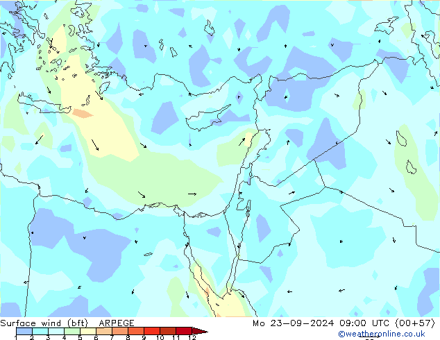 Surface wind (bft) ARPEGE Mo 23.09.2024 09 UTC