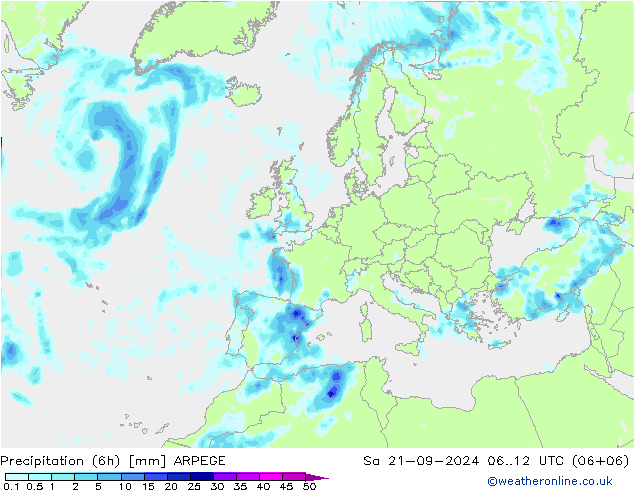 降水量 (6h) ARPEGE 星期六 21.09.2024 12 UTC