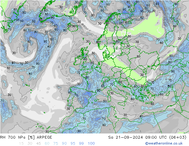 Humedad rel. 700hPa ARPEGE sáb 21.09.2024 09 UTC