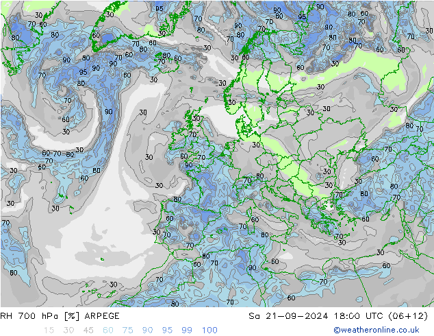 Humedad rel. 700hPa ARPEGE sáb 21.09.2024 18 UTC