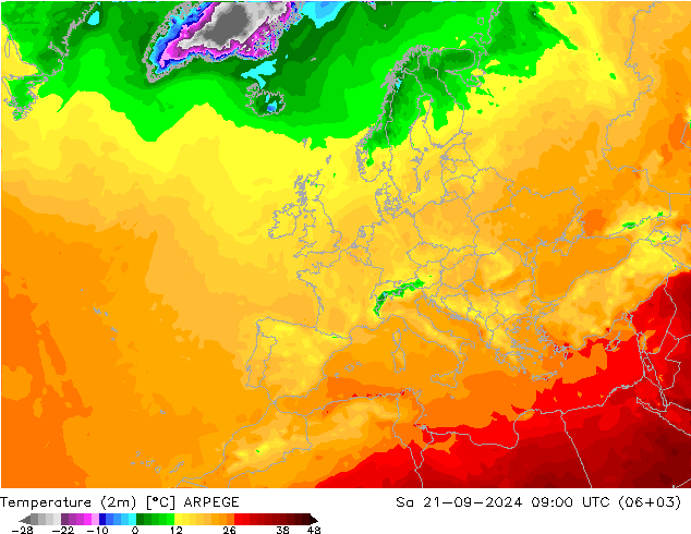温度图 ARPEGE 星期六 21.09.2024 09 UTC