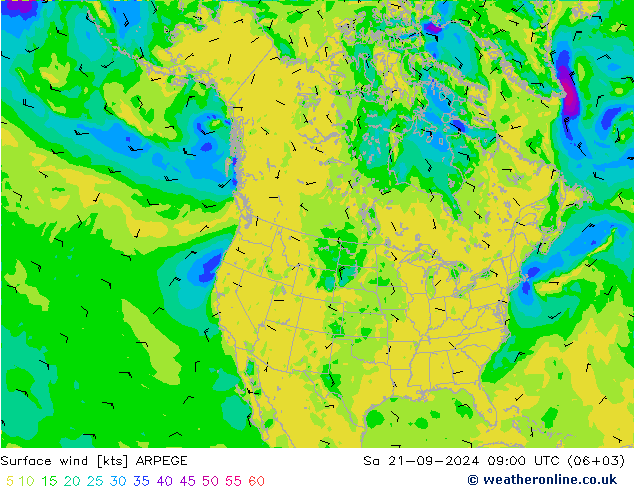 Viento 10 m ARPEGE sáb 21.09.2024 09 UTC