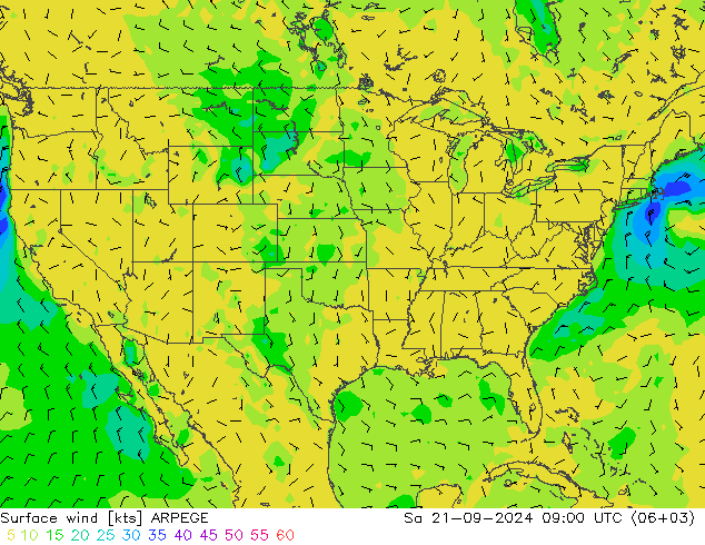 Viento 10 m ARPEGE sáb 21.09.2024 09 UTC
