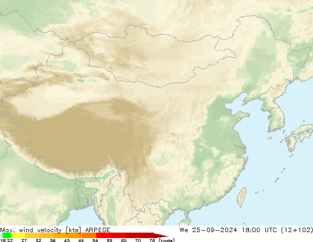 Max. wind velocity ARPEGE 星期三 25.09.2024 18 UTC