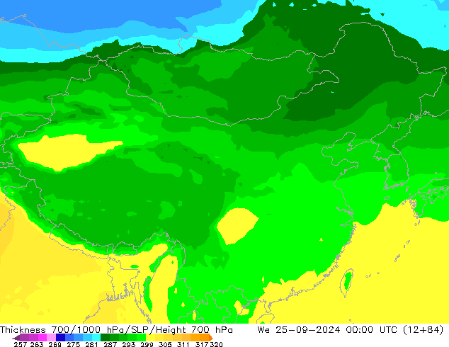 Thck 700-1000 hPa ARPEGE 星期三 25.09.2024 00 UTC