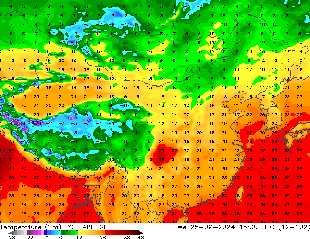 温度图 ARPEGE 星期三 25.09.2024 18 UTC