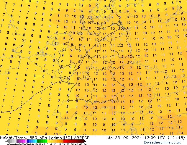 Height/Temp. 850 hPa ARPEGE 星期一 23.09.2024 12 UTC