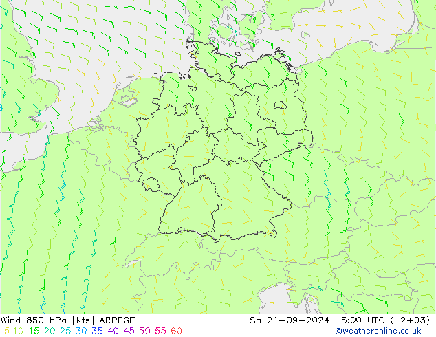 风 850 hPa ARPEGE 星期六 21.09.2024 15 UTC