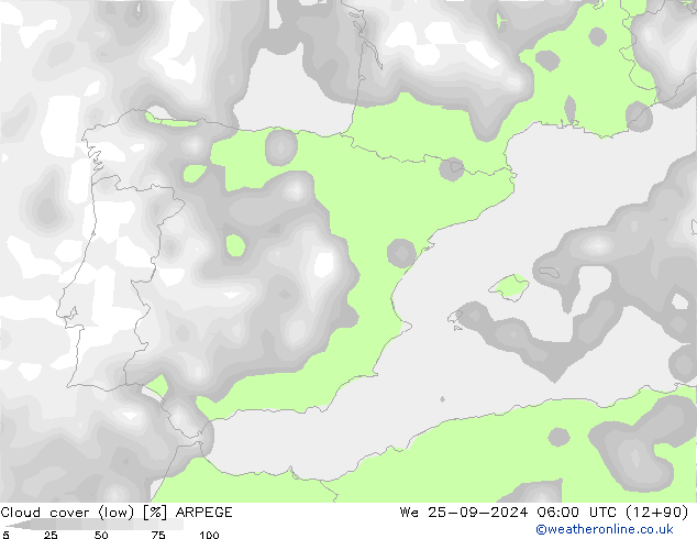 Cloud cover (low) ARPEGE We 25.09.2024 06 UTC